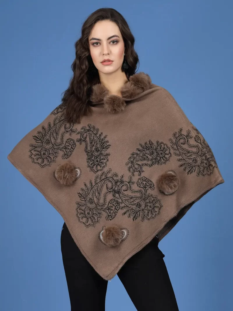 Mafadeny Women'S Embroidered Poncho With Fur Pom-Pom Detailing