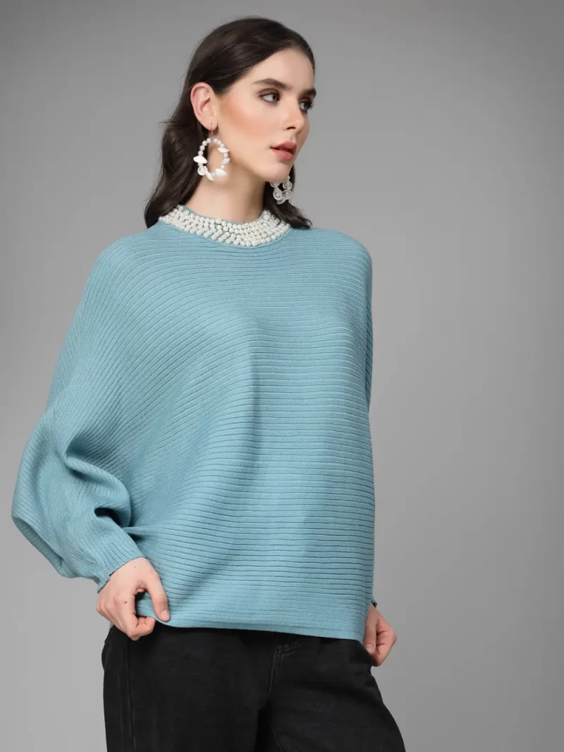 Elegant Woman Ribbed Sweater With Pearl Embellishments