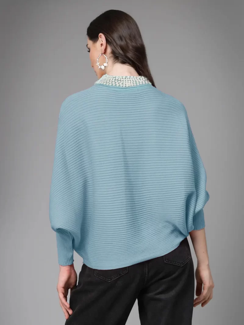 Elegant Woman Ribbed Sweater With Pearl Embellishments