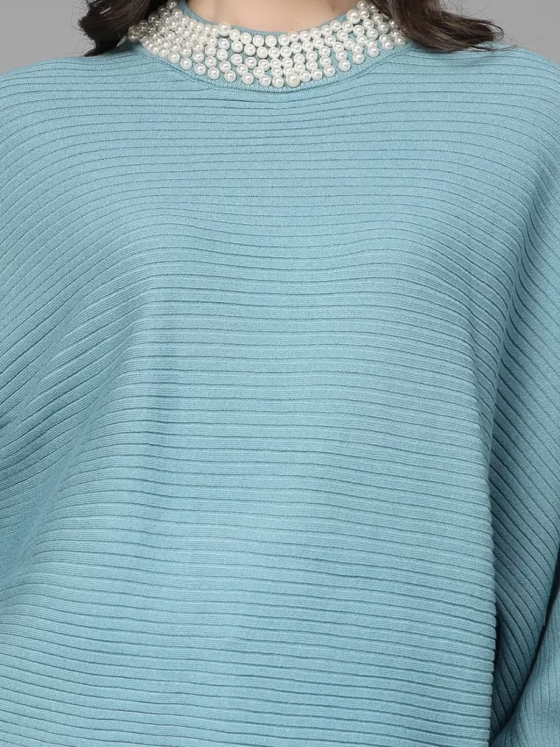 Elegant Woman Ribbed Sweater With Pearl Embellishments