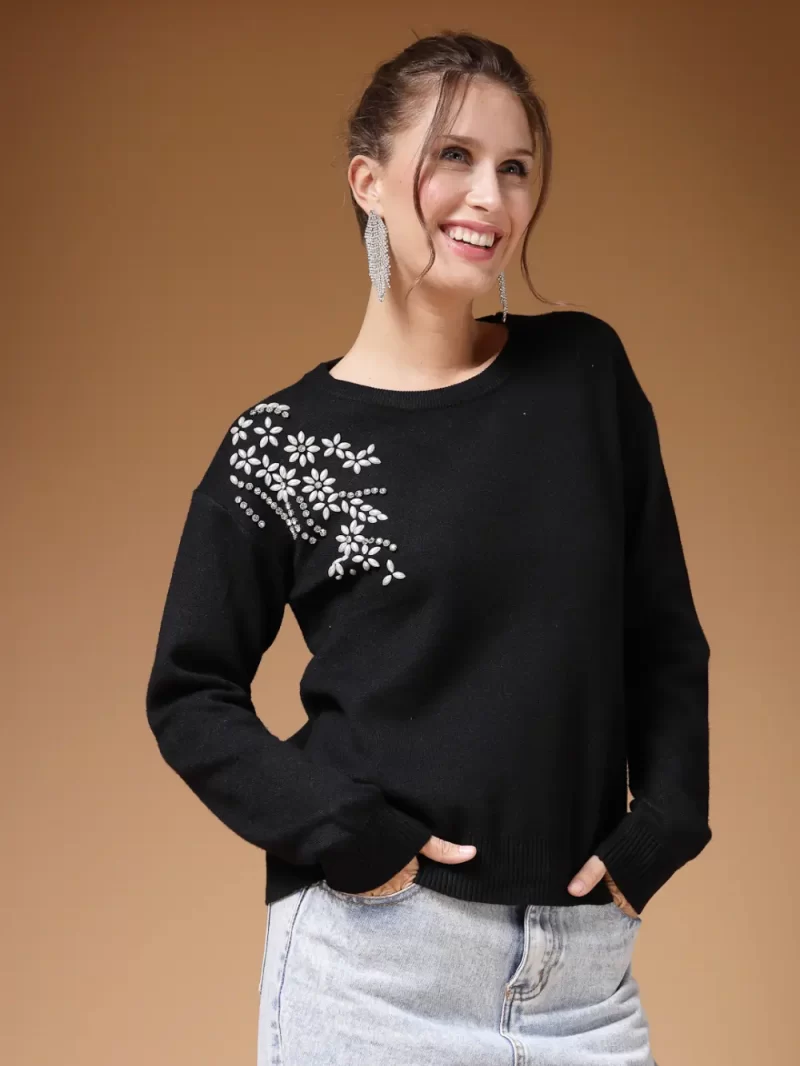 Mafadeny Women’S Stylish Knit Sweater With Floral Design
