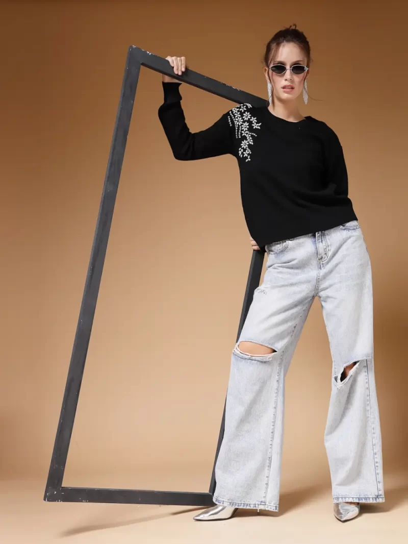 Mafadeny Women’S Stylish Knit Sweater With Floral Design