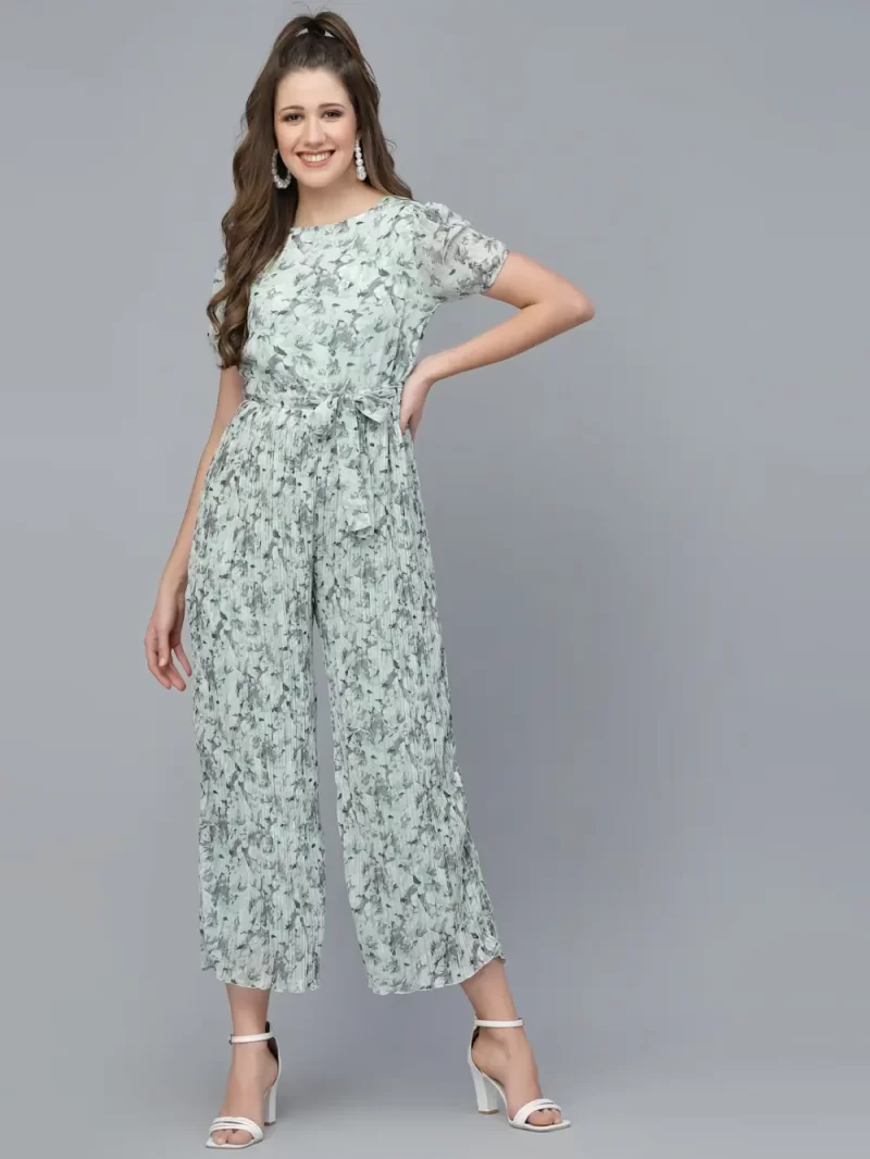 Mafadeny Women'S Printed Round Neck Pleated Jumpsuit
