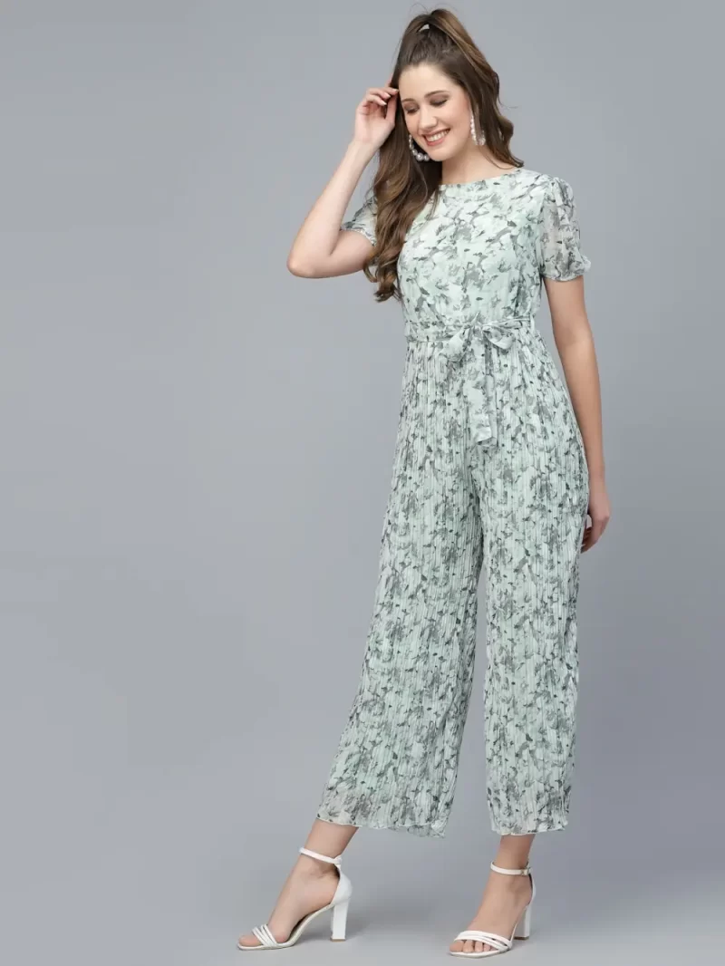 Mafadeny Women'S Printed Round Neck Pleated Jumpsuit