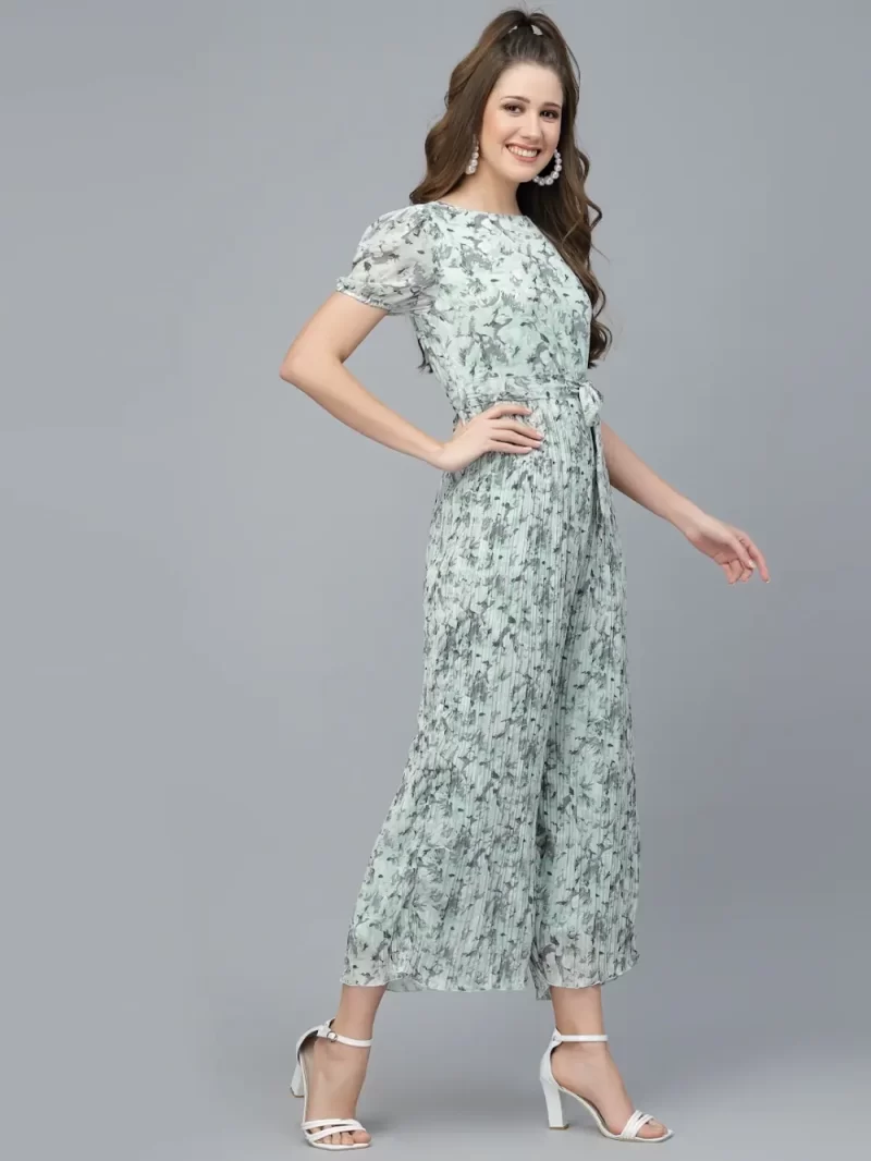 Mafadeny Women'S Printed Round Neck Pleated Jumpsuit