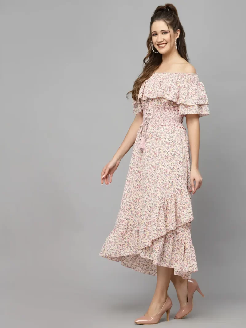 Mafadeny Women'S Off Shoulder Floral Printed Ruffle Midi Dress