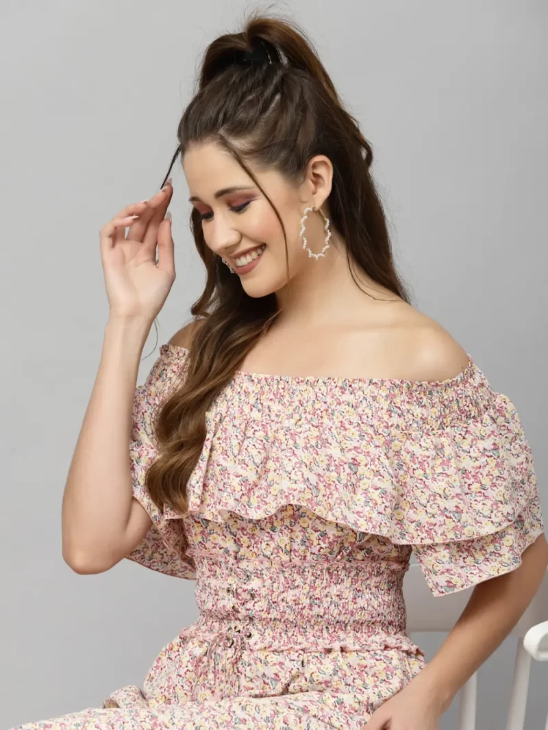 Mafadeny Women'S Off Shoulder Floral Printed Ruffle Midi Dress