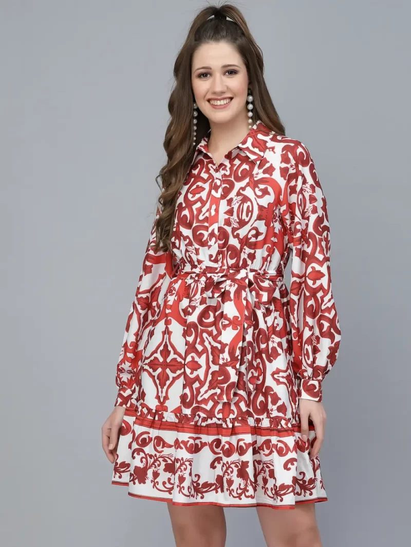 Mafadeny Women'S Printed Tie-Up Shirt Dress With Belt
