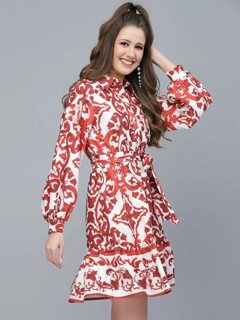 Mafadeny Women'S Printed Tie-Up Shirt Dress With Belt