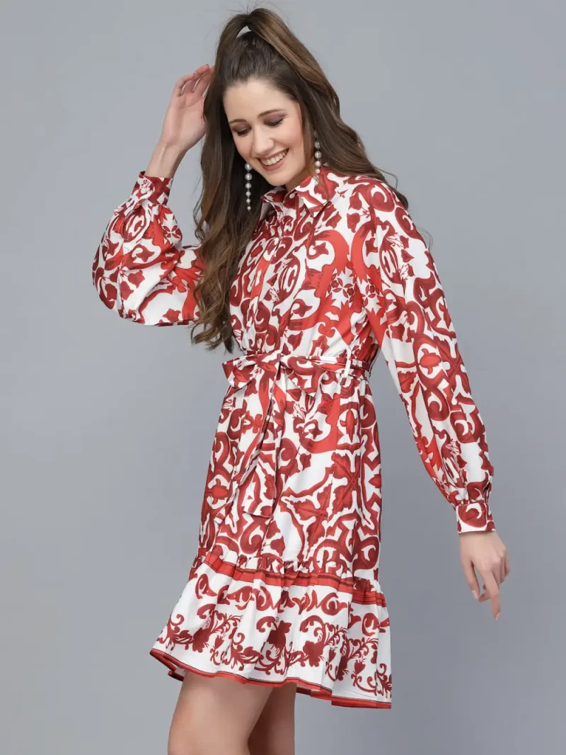 Mafadeny Women'S Printed Tie-Up Shirt Dress With Belt
