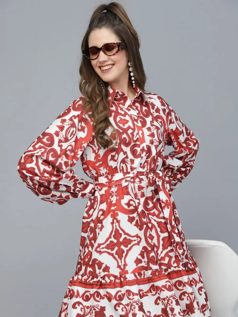 Mafadeny Women'S Printed Tie-Up Shirt Dress With Belt