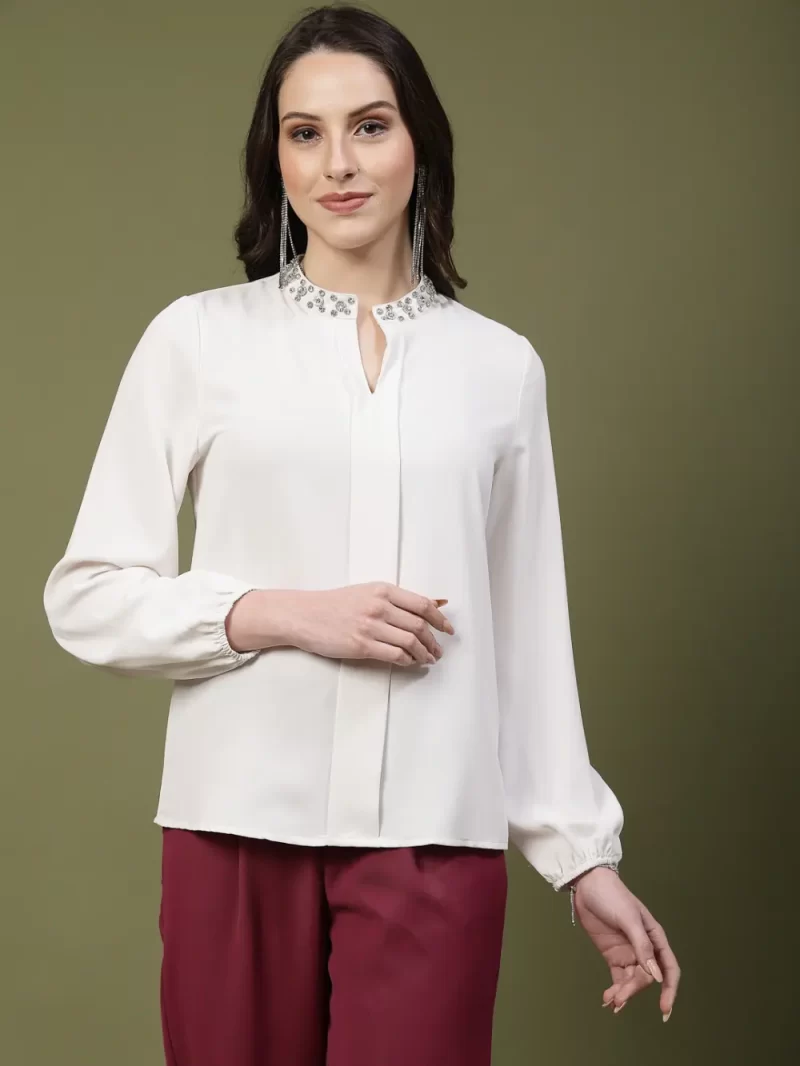 Mafadeny Women’S Embellished Neck Pleated Front Top