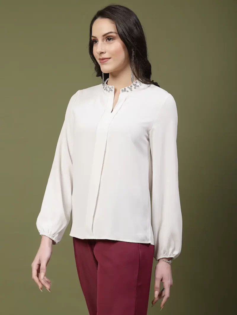 Mafadeny Women’S Embellished Neck Pleated Front Top
