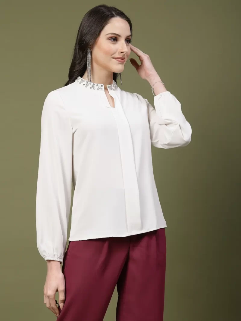 Mafadeny Women’S Embellished Neck Pleated Front Top