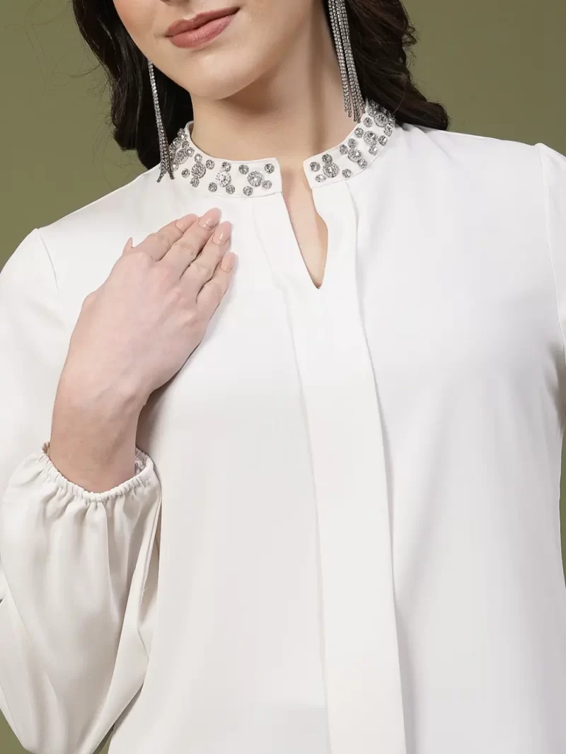 Mafadeny Women’S Embellished Neck Pleated Front Top