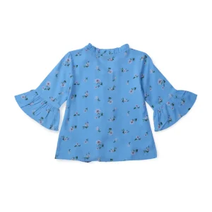 Gini And Jony Girls Blue Floral Print Cotton Woven Top 3/4Th Sleeves