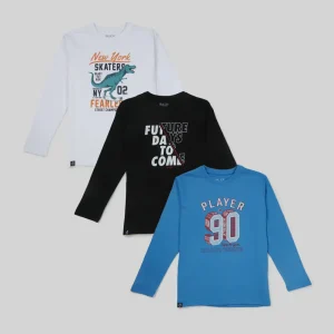 Palm Tree Boys Multicolor Graphic Print Cotton T-Shirt Pack Of-3 Full Sleeves