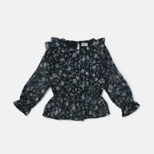 Gini And Jony Girls Black Floral Print Chiffon Woven Top Full Sleeves
