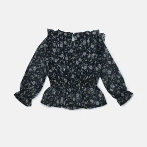 Gini And Jony Girls Black Floral Print Chiffon Woven Top Full Sleeves