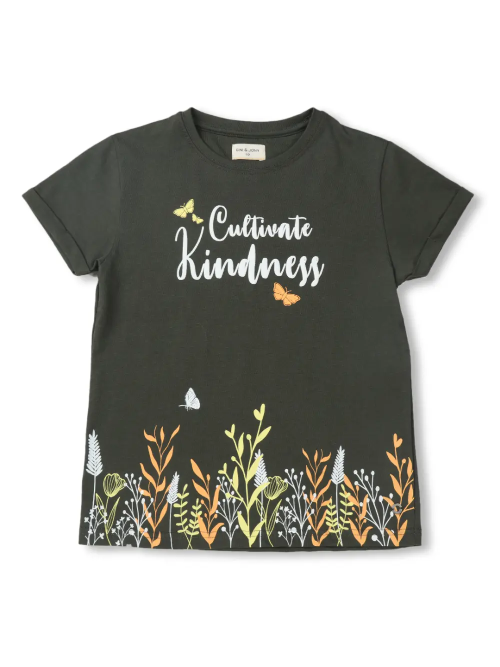 Gini And Jony Girls Olive Tropical Print Cotton Knits Top Half Sleeves