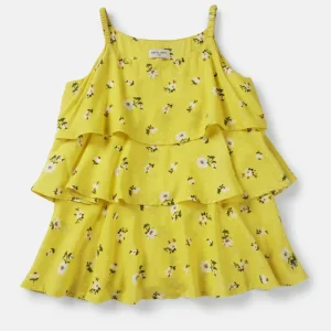Gini And Jony Girls Yellow Floral Print Cotton Woven Top Sleeveless