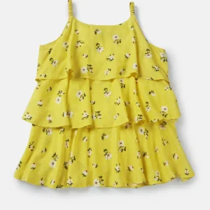 Gini And Jony Girls Yellow Floral Print Cotton Woven Top Sleeveless