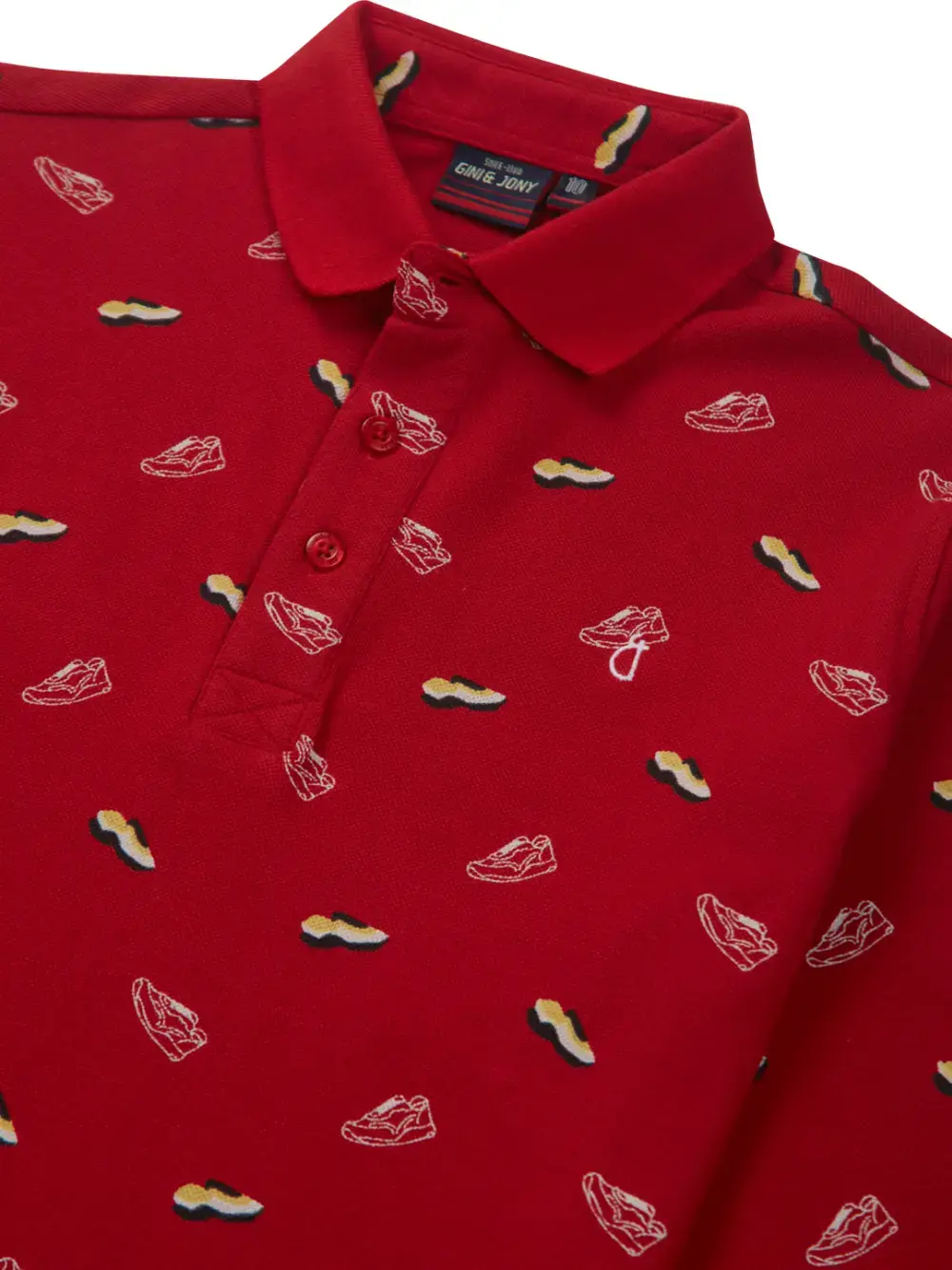 Gini And Jony Boys Red Printed Cotton Full Sleeves Polo T-Shirt