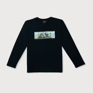 Gini & Jony Boys Black Printed Cotton T-Shirt Full Sleeves