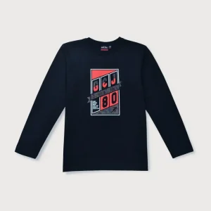 Gini & Jony Boys Blue Printed Cotton T-Shirt Full Sleeves