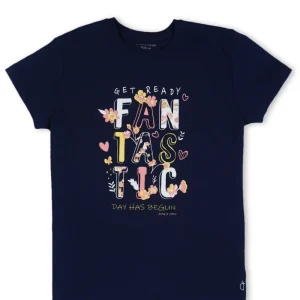 Gini And Jony Girls Navy Blue Printed Cotton Half Sleeves Knits Top