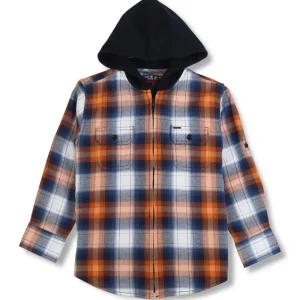 Gini & Jony Boys Orange Blue Woven Checkered Full Sleeve Shirt With Hoodie