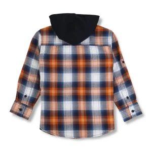 Gini & Jony Boys Orange Blue Woven Checkered Full Sleeve Shirt With Hoodie
