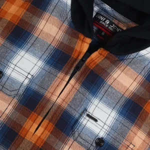 Gini & Jony Boys Orange Blue Woven Checkered Full Sleeve Shirt With Hoodie