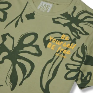 Gini And Jony Boys Olive Tropical Print Cotton T-Shirt Half Sleeves