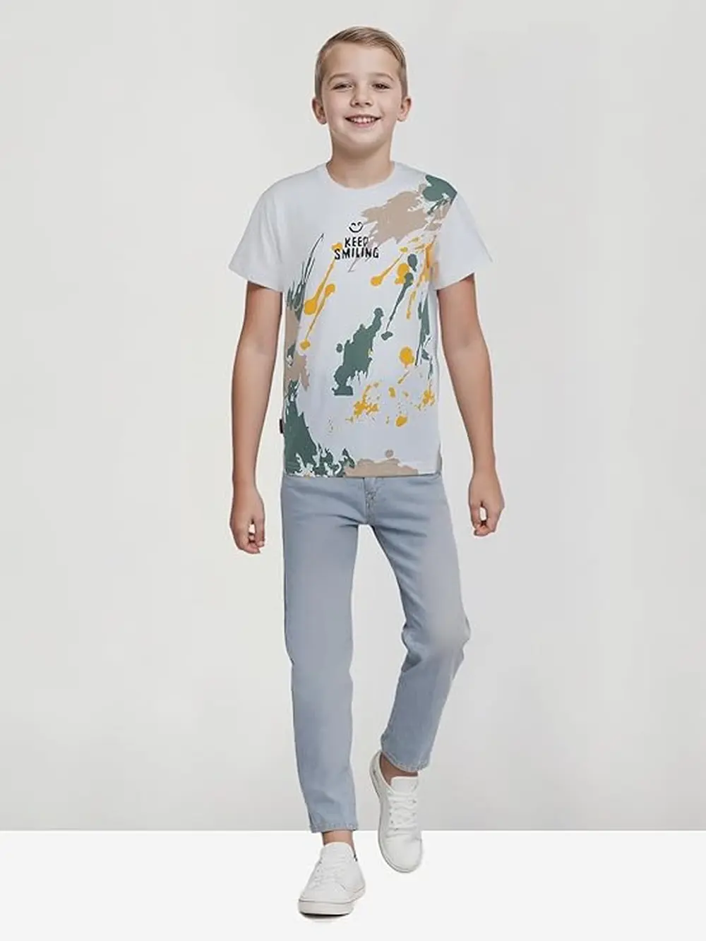 Gini And Jony Boys White Printed Cotton Half Sleeves T-Shirt
