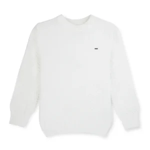 Boys White Solid Cotton Full Sleeves Sweater
