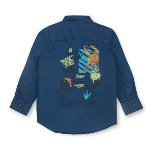 Gini And Jony Boys Blue Graphic Print Denim Shirt Full Sleeves