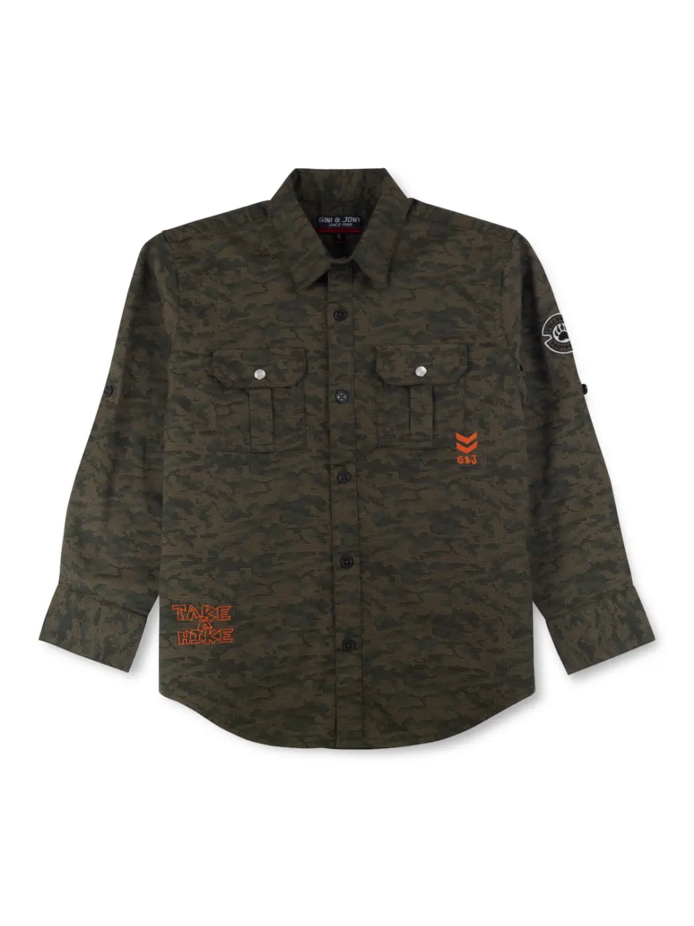 Gini And Jony Boys Green Camouflage Cotton Shirt Full Sleeves