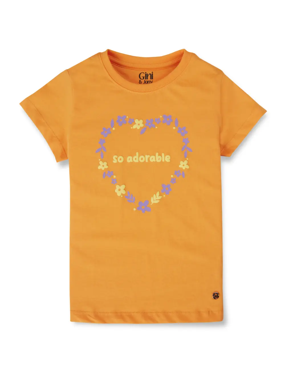 Gini And Jony Girls Orange Floral Print Cotton Knits Top Half Sleeves 11-12 Years