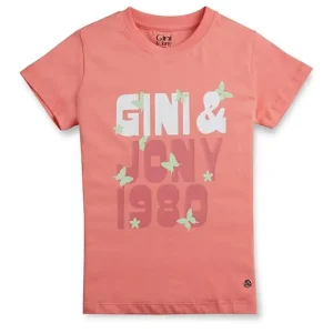 Gini & Jony Girls Pink Cotton Printed Round Neck Half Sleeves Knits Top
