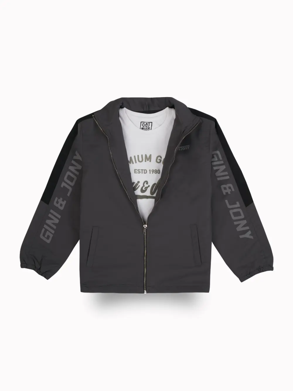Gini And Jony Girls Grey Typographic Print Taffeta Woven Jacket Full Sleeves 9-10 Years