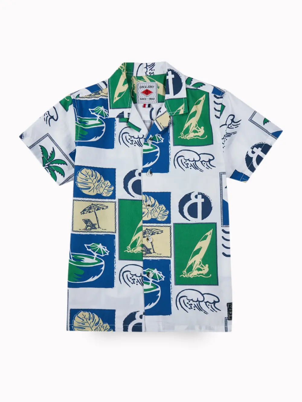 Gini And Jony Boys Off White Tropical Print Cotton Co-Ordinate Half Sleeves