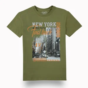 Gini And Jony Boys Olive Graphic Print Cotton T-Shirt Half Sleeves