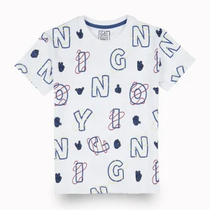Gini And Jony Boys White Alphabetical Print Cotton T-Shirt Half Sleeves