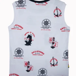 Gini And Jony Boys White Conversational Print Cotton Sando Sleeveless