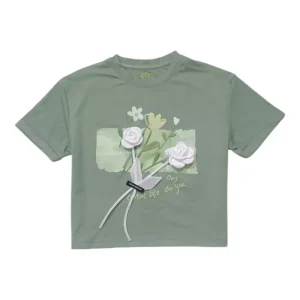 Gini And Jony Girls Olive Applique Cotton Knits Top Half Sleeves 11-12 Years