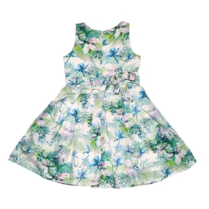 Gini And Jony Girls Green Tropical Print Cotton Dress Sleeveless