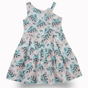 Gini And Jony Girls Blue Tropical Print Cotton Dress Sleeveless