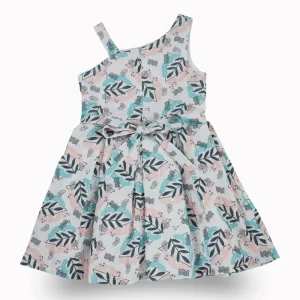 Gini And Jony Girls Blue Tropical Print Cotton Dress Sleeveless