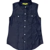 Gini And Jony Girls Dark Blue Solid Denim Woven Top Cap Sleeves 9-10 Years